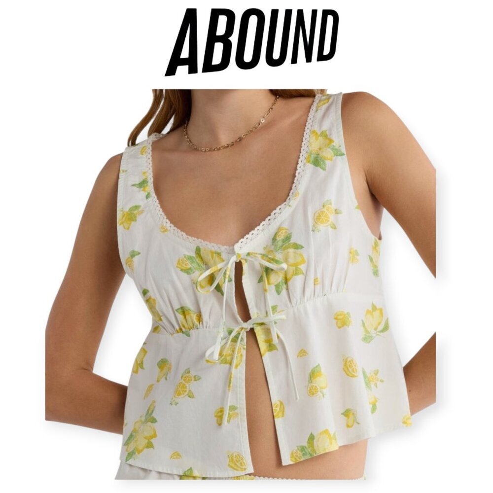 Abound Lemon Print Cotton Tie Front Top Lace Neckline Summer Size Small Blouse S